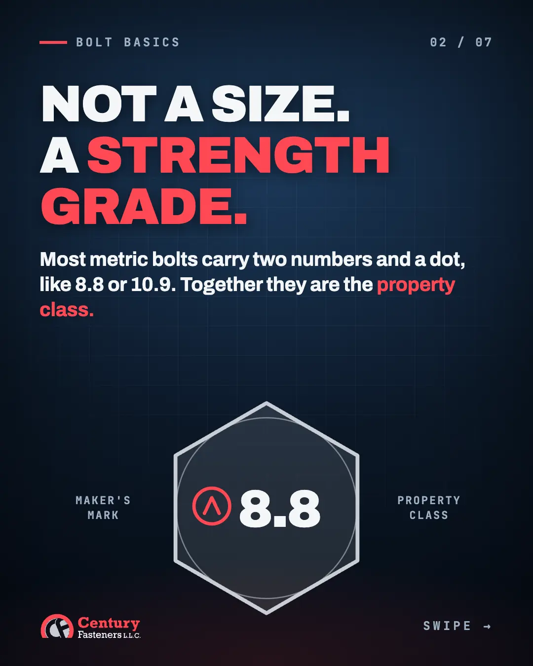 A bolt head with a maker's mark and a property class marking, not a size.
