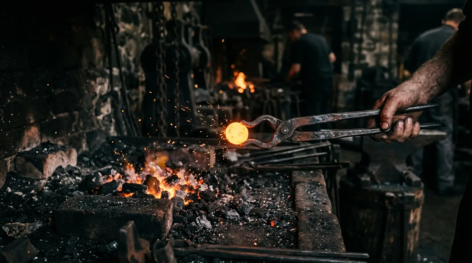 A glowing orange-hot rivet held in iron tongs above a forge.