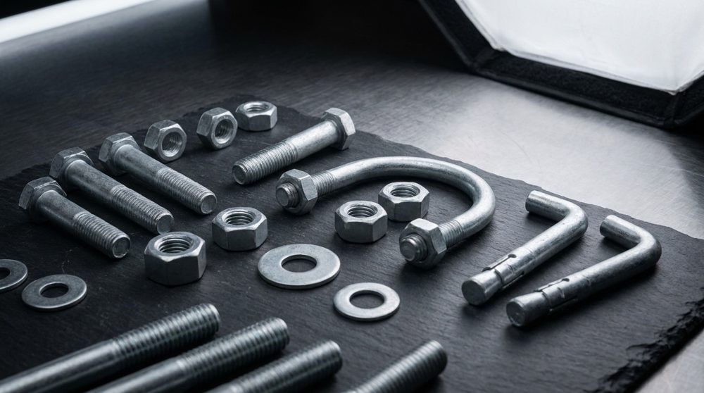 Galvanised threaded rods, a U-bolt, nuts and washers